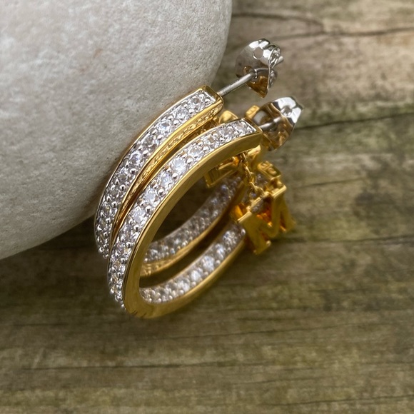 Danbury Mint Initial Hoop Earrings 14k gold plated w/ Diamonisse diamonds K & M - Picture 12 of 13